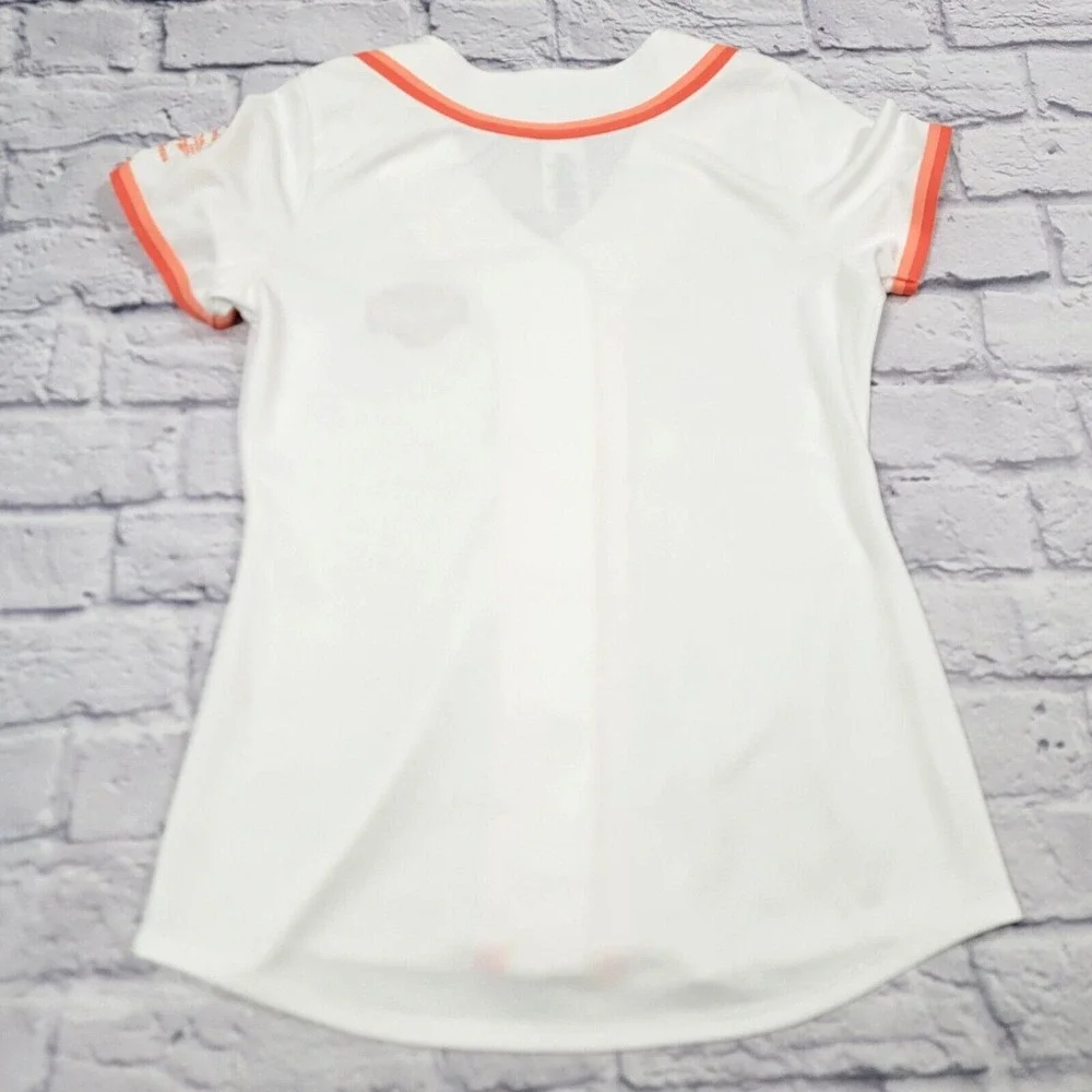 Harley Davidson Baseball T-Shirt Tee Stripe White Orange Dallas sz Medium Button - Picture 9 of 10